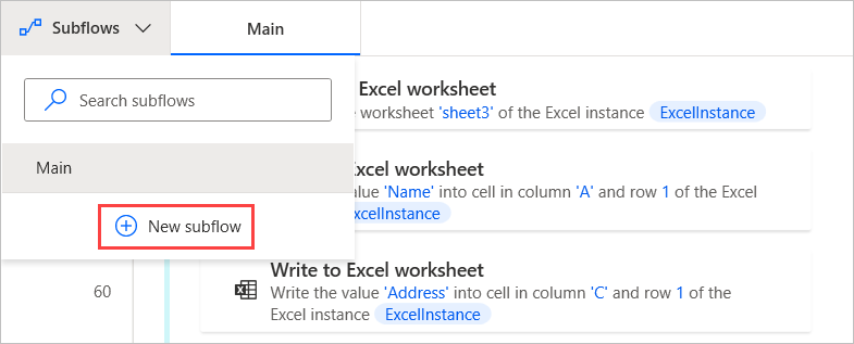 Screenshot of the Subflows pane with the New subflow button highlighted.