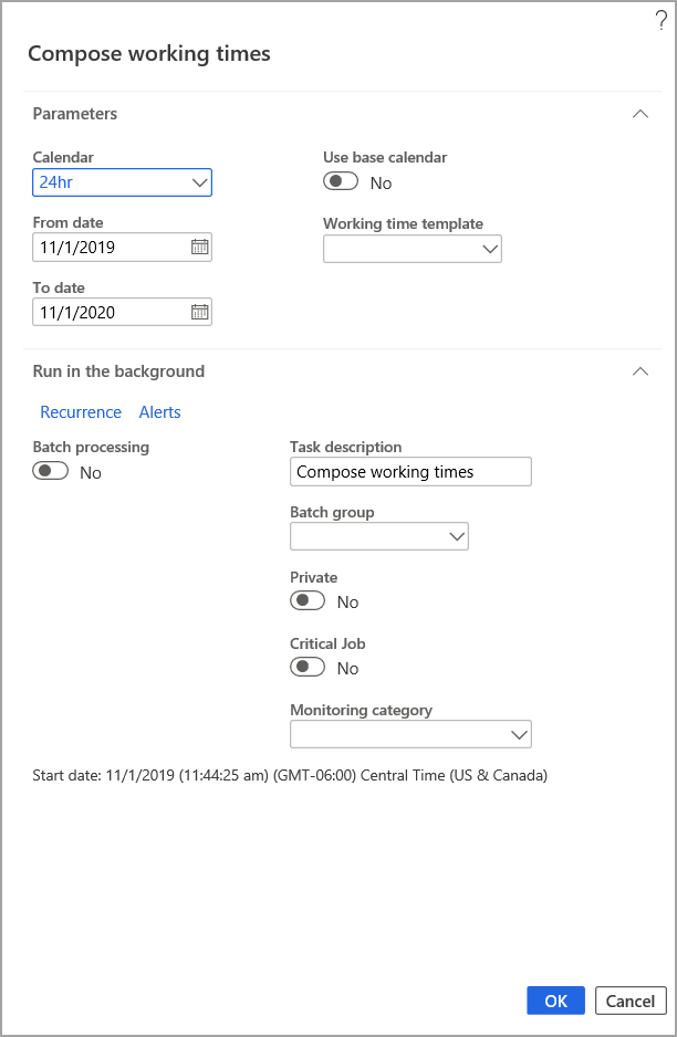 Screenshot of the compose working times page.