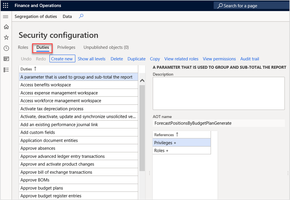 Screenshot of security configuration page with duties highlighted.