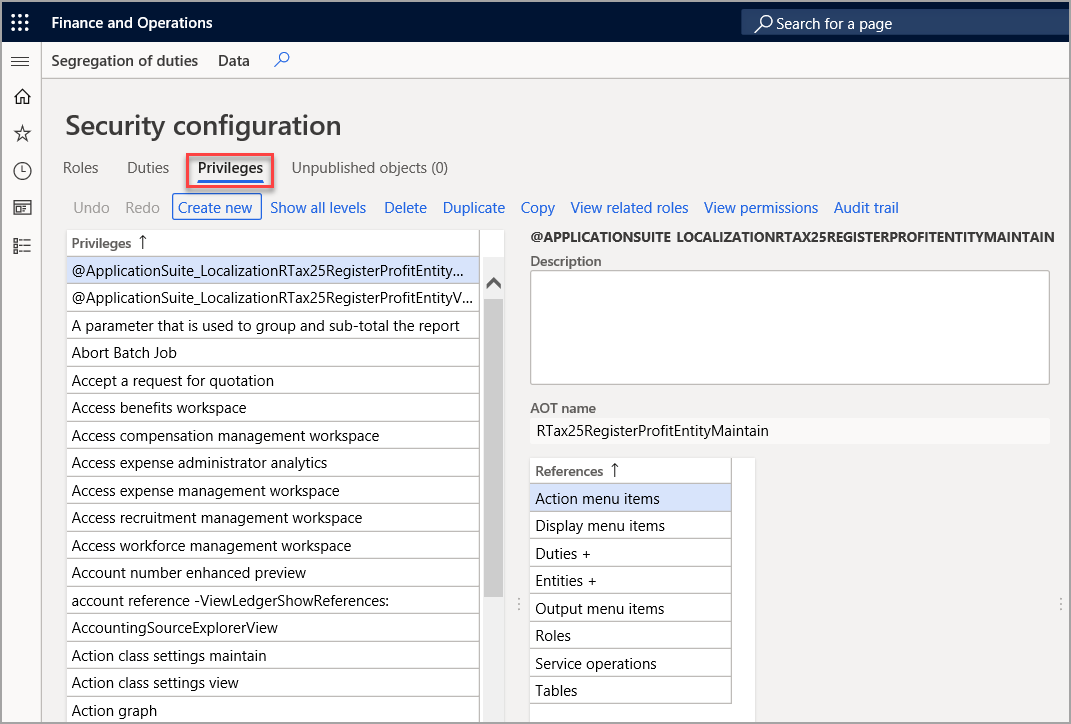 screenshot of security configuration page with privileges highlighted.