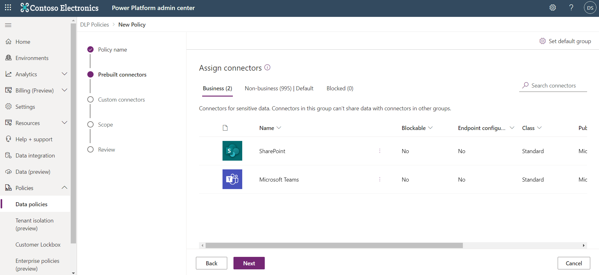 Screenshot of the Data Loss Prevention policy setup.