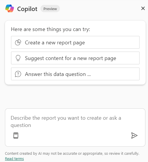 Screenshot of the Copilot pane in Power BI Desktop with suggested prompts.