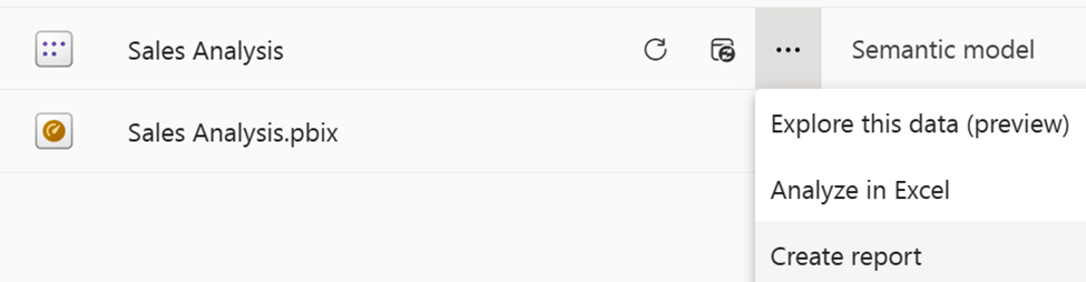 A screenshot of the Power BI service with the ellipsis expanded for a semantic model with Create report option selected.