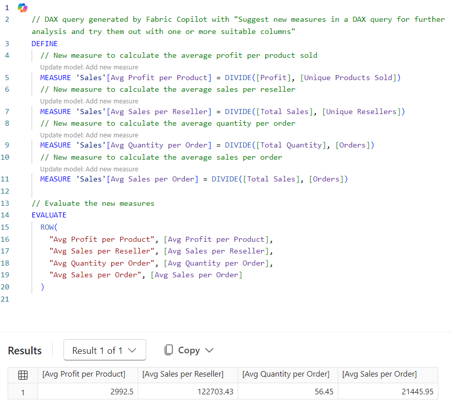 Screenshot of the "Suggest Measures" prompt with the suggested measures and table results as previously described.