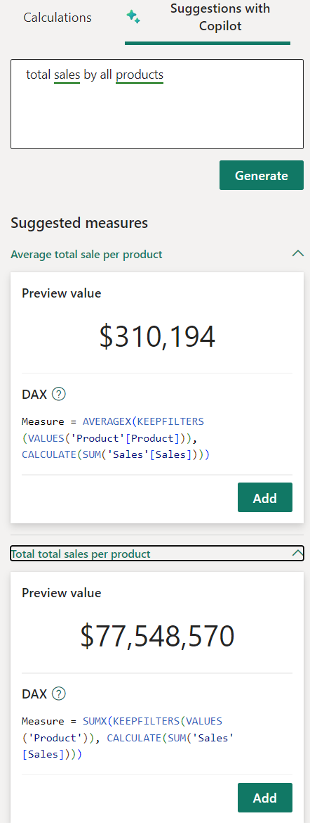 Screenshot of auto-created measures of Average total sale by product and Total total sales by product.