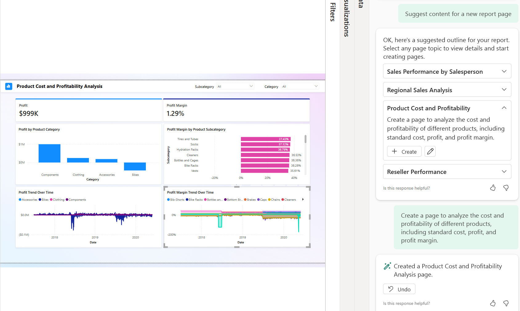 A screenshot of the generated report and the Copilot pane with prompt experience.