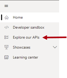 Screenshot of the the left pane with the Explore our APIs option highlighted.