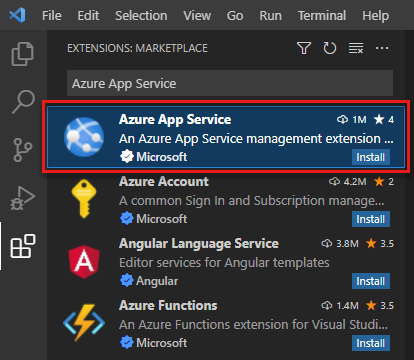 Screenshot of Visual Studio Code showing the Extensions tab with the Azure App Service extension highlighted in the search results.