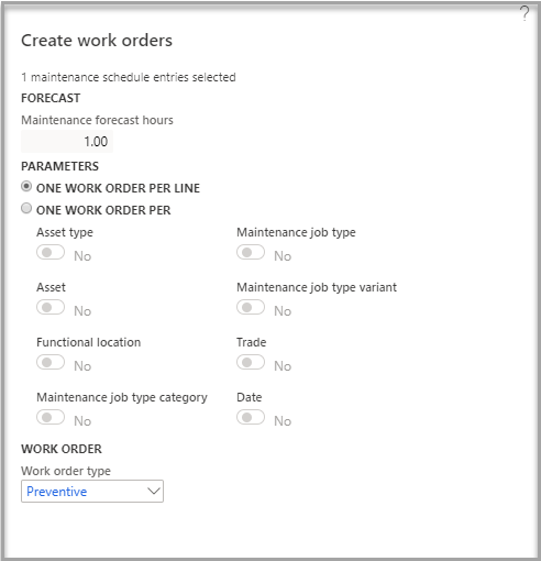 Screenshot of the Create work orders dialog page.