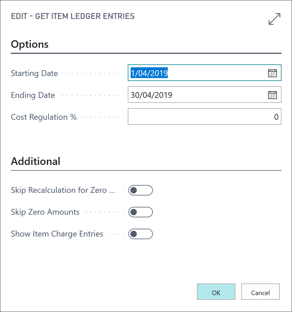 Screenshot of the Get Item Ledger Entries page.