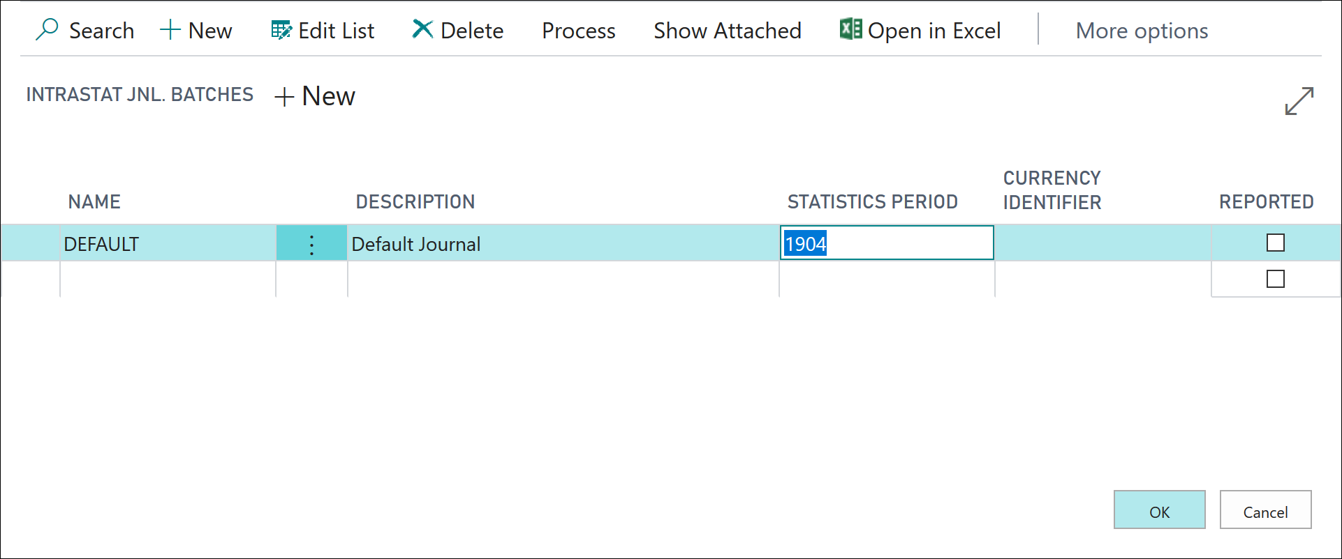 Screenshot of the Intrastat Journal Batches page.