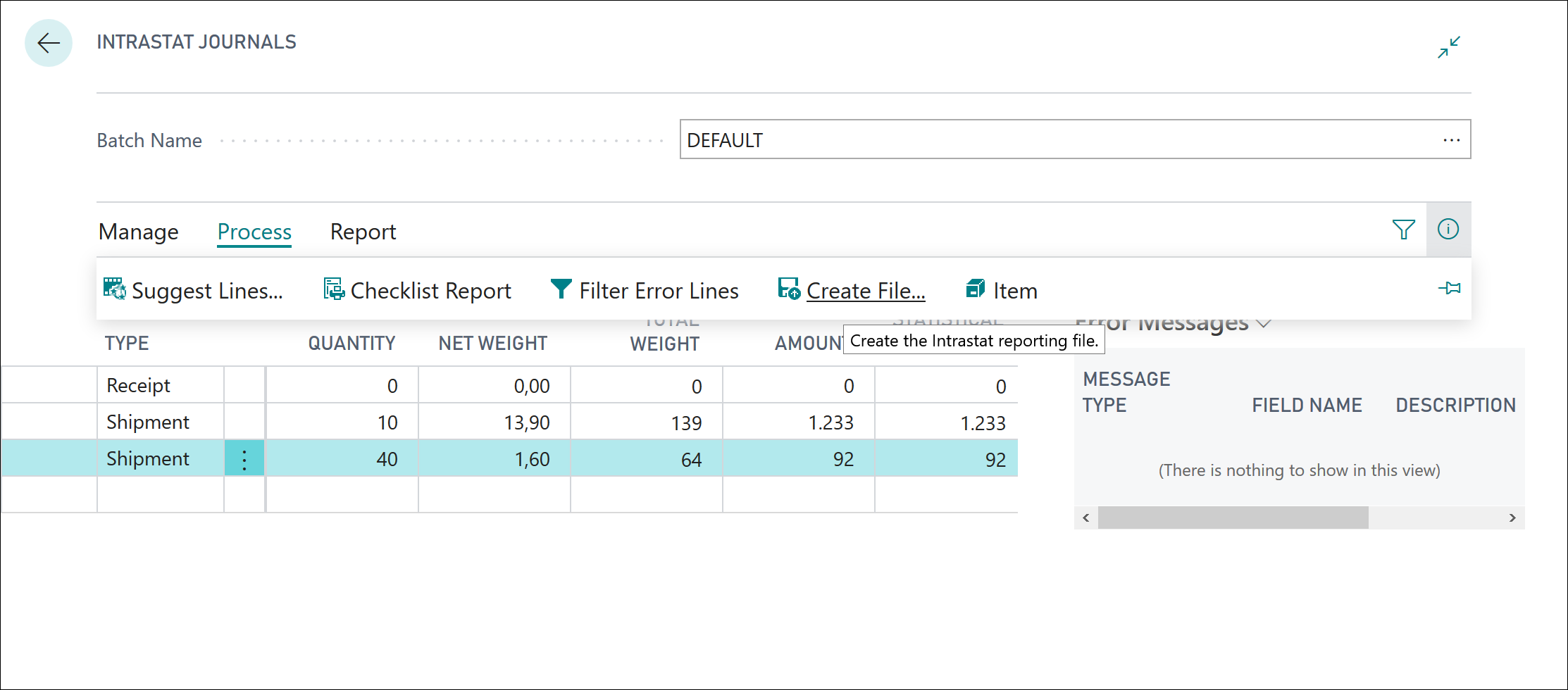 Screenshot of the Intrastat Journals page.