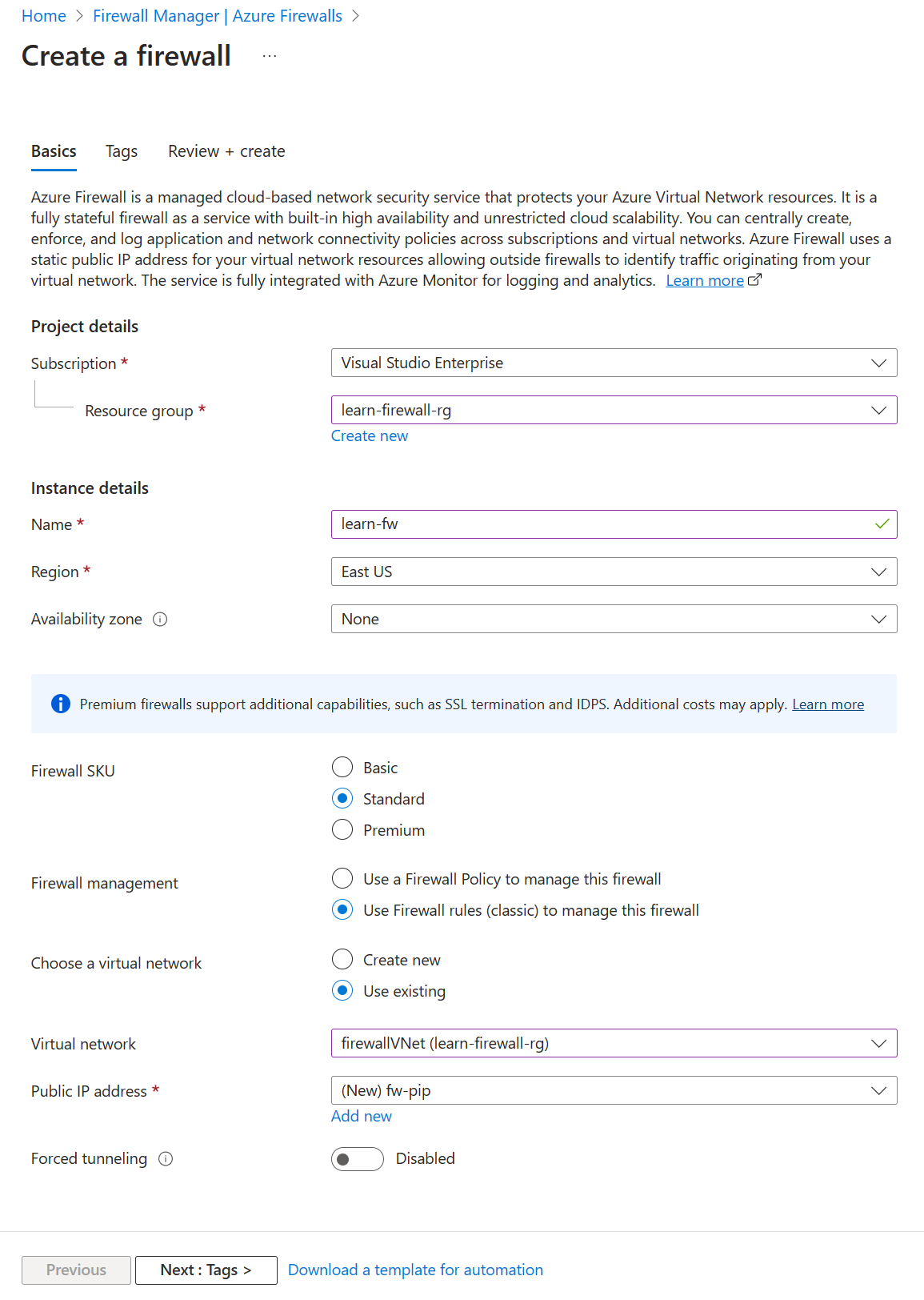 Screenshot showing the information to include when creating a firewall.