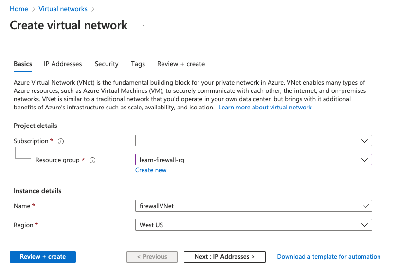 Screenshot showing the information to include when creating a virtual network.