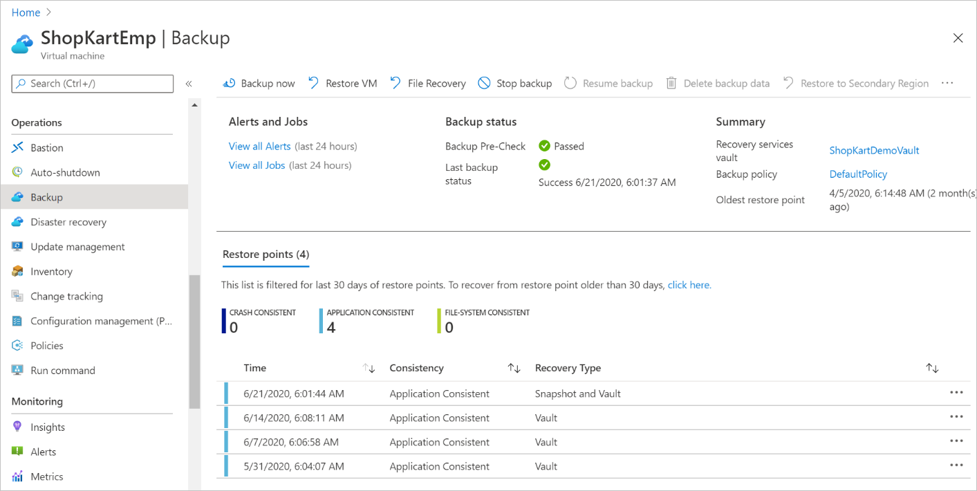 Screenshot that highlights the Recovery Services vaults that are available in context to the resources they're protecting.