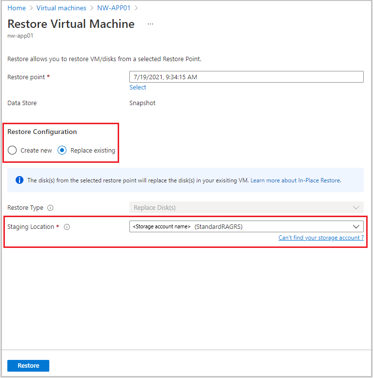 Screenshot that shows the restore configuration options.