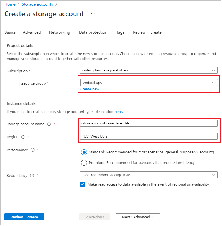 Specify storage account options.