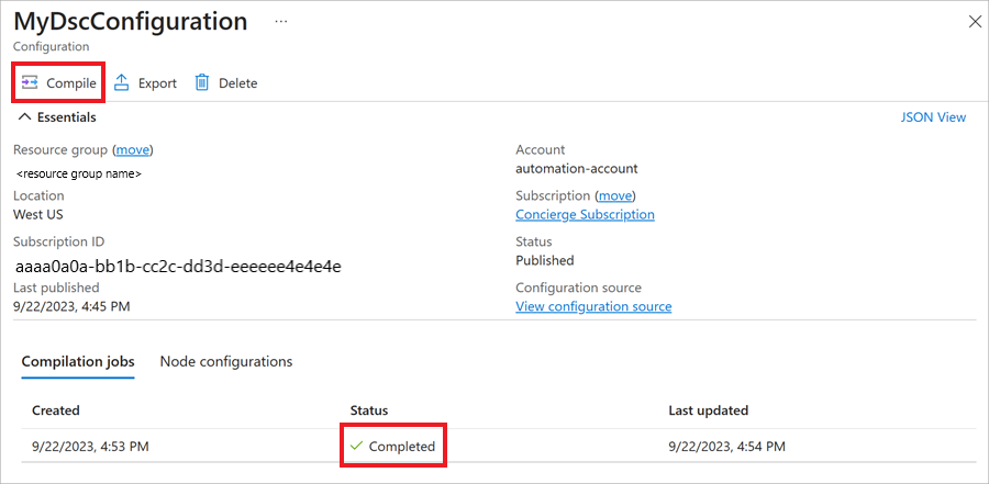 Screenshot of the Azure portal, showing the state of the compilation job for the configuration.