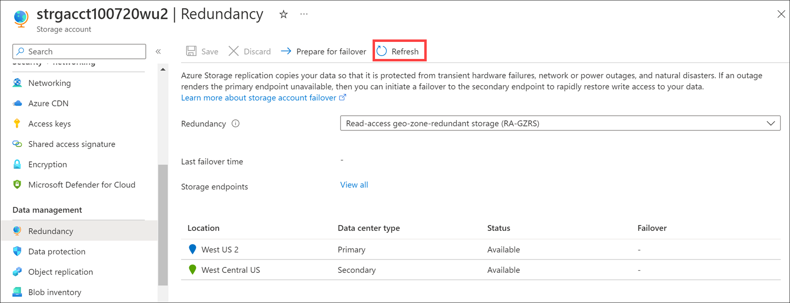 Screenshot of the geo-replication map that shows the primary and secondary locations available.