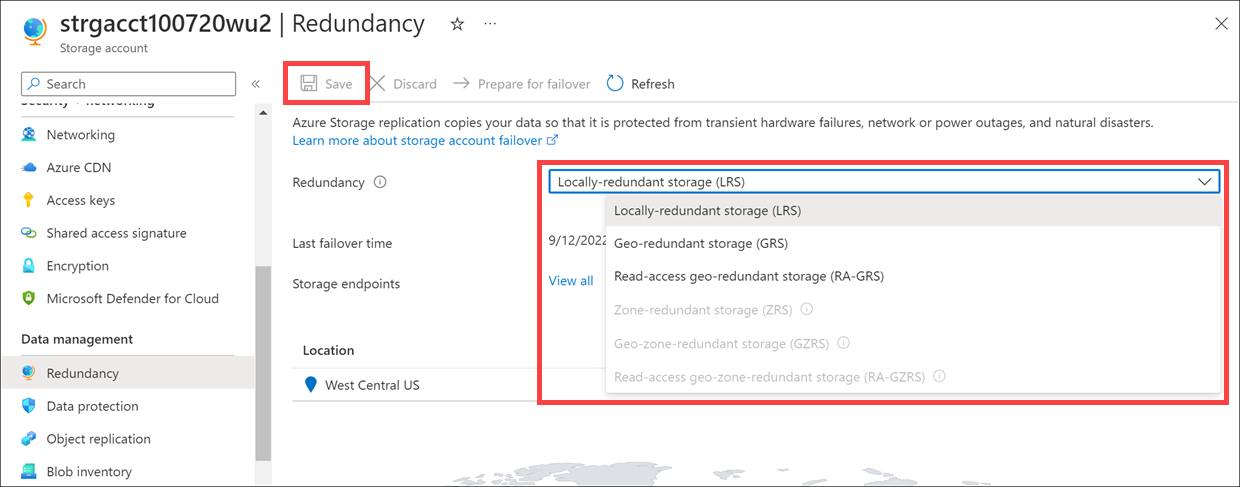 Screenshot of the geo-replication page, where you can change the replication from LRS to GRS.