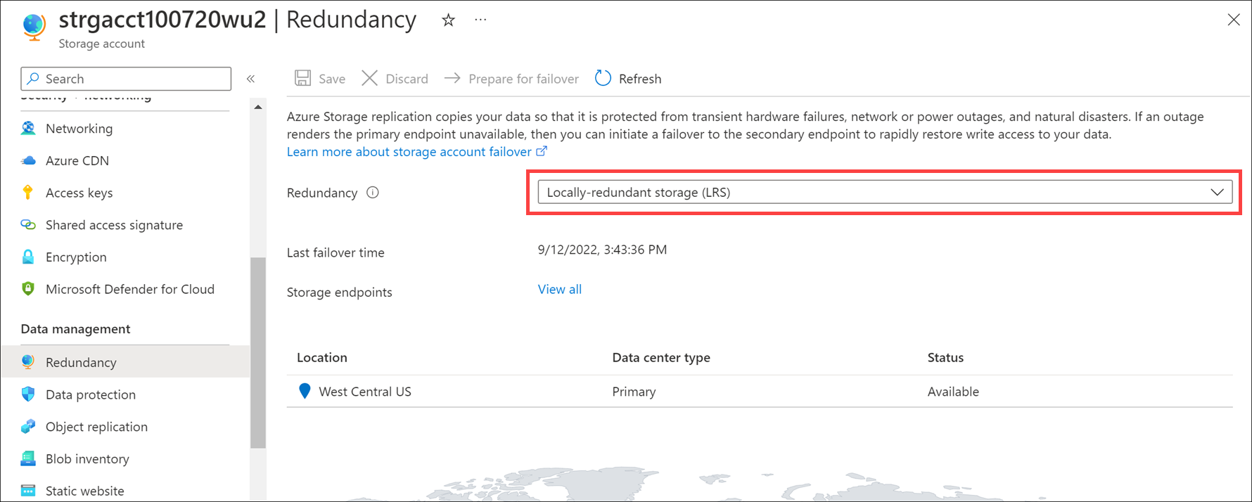 Screenshot of the geo-replication page that shows the replication type is now LRS and data is stored in one location.