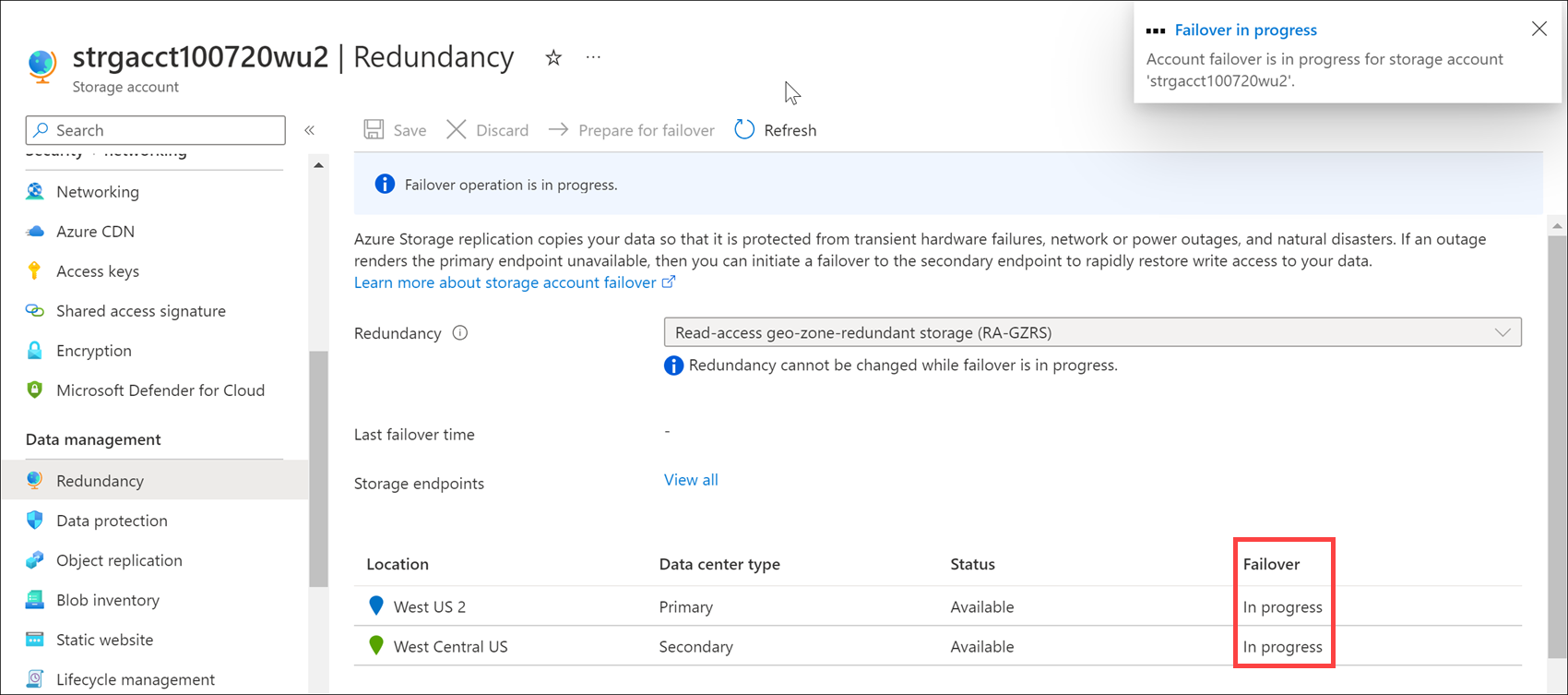 Screenshot of the geo-replication page that shows the failover status is in progress.