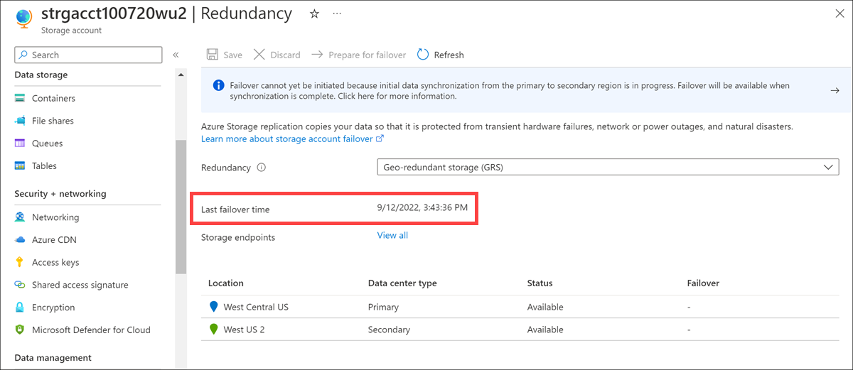 Screenshot that shows an updated last failover time on the geo-replication page.