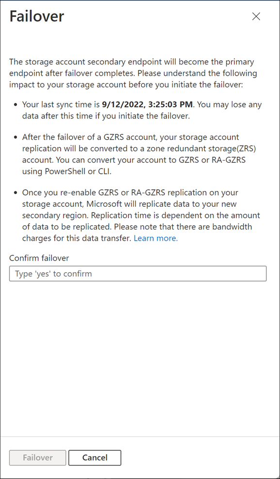 Screenshot that shows the last sync time and requests you confirm failover by entering yes.