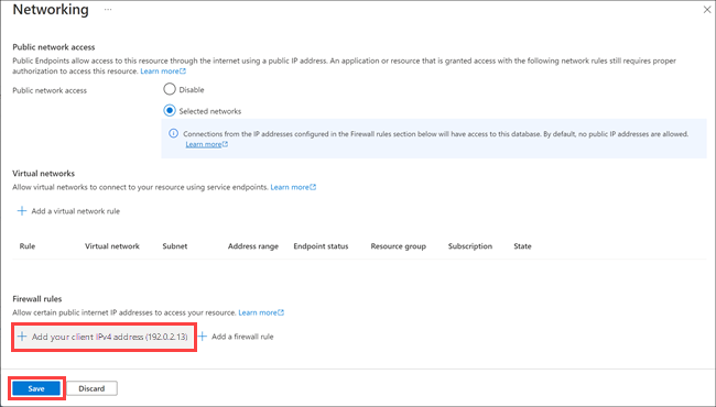 Screenshot of the Azure portal showing the SQL database Firewall settings pane with the 'Add your client IP4 address' highlighted.