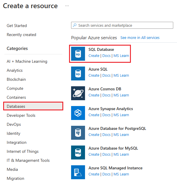 Screenshot showing the Create a resource pane with Databases in menu and SQL Database resource service highlighted.