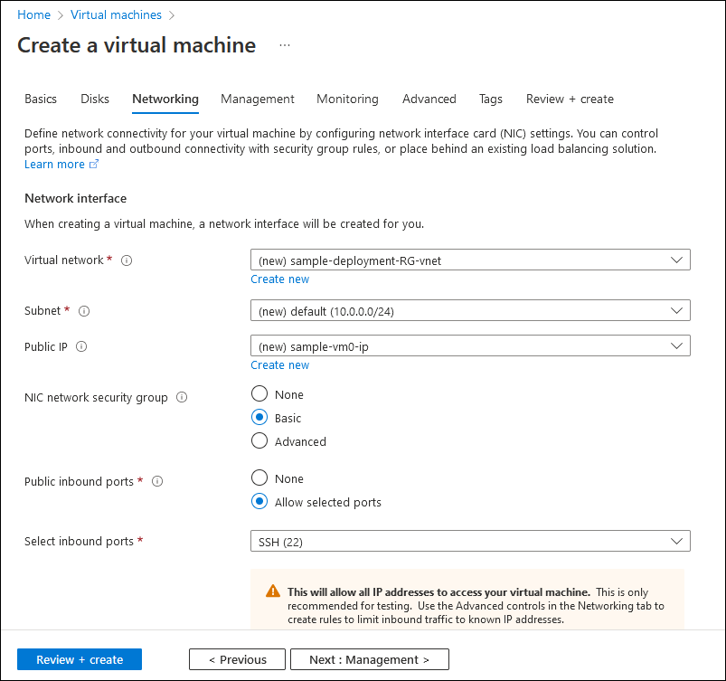 Screenshot showing the Networking tab of the Create a virtual machine wizard.