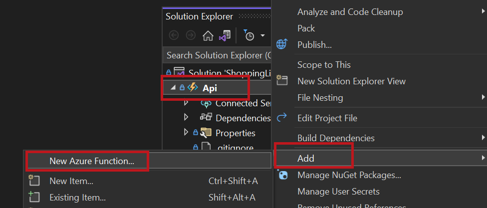 A screenshot showing how to create the Azure function item.