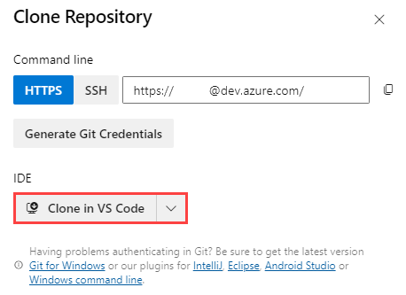 Screenshot of Azure DevOps that shows the repository settings, with the Clone in VS Code button highlighted.