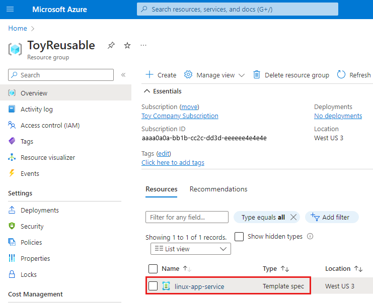 Screenshot of the Azure portal that shows the resource group, with the template spec highlighted.