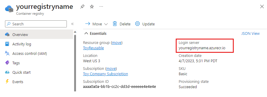 Screenshot of the Azure portal that shows the container registry's details, with the login server highlighted.
