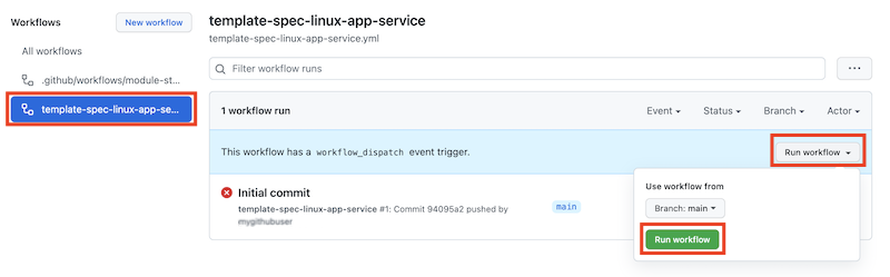 Screenshot of GitHub that shows selections for running the template spec's workflow.
