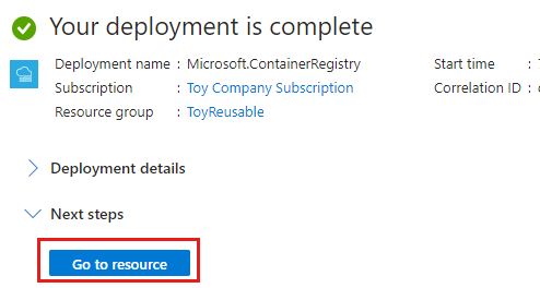 Screenshot of the Azure portal that shows the container registry deployment, with the button for going to a resource highlighted.