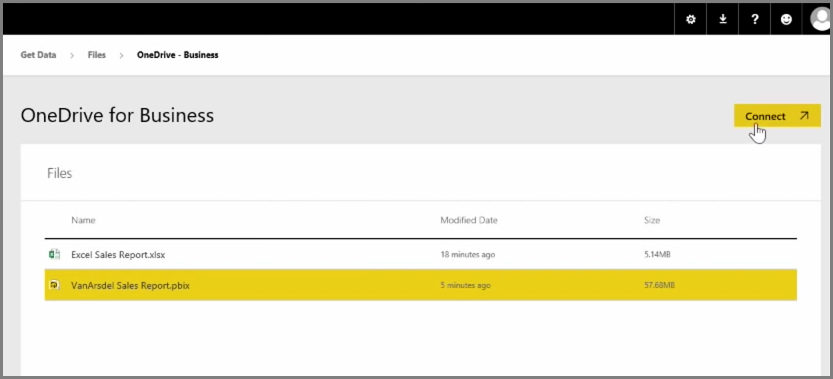 Screenshot of OneDrive for Business selecting a PBIX file.