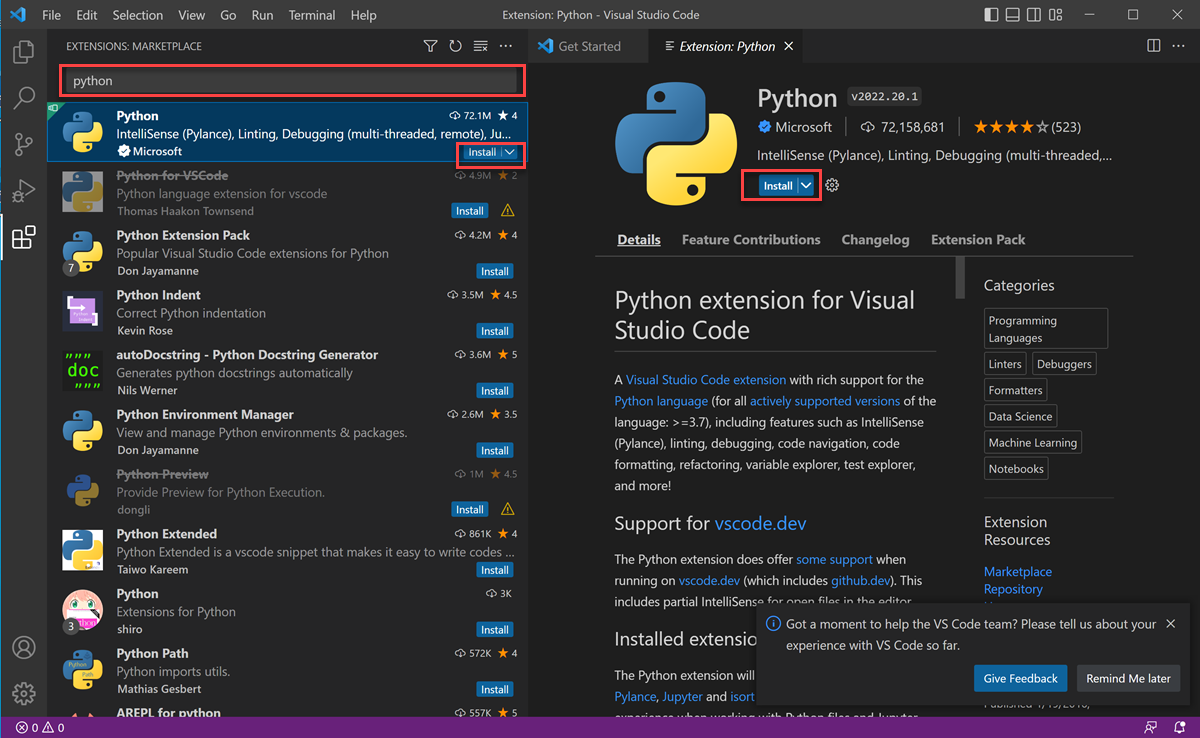 Screenshot of the search results in the Extensions panel for Windows with Python Install highlighted.