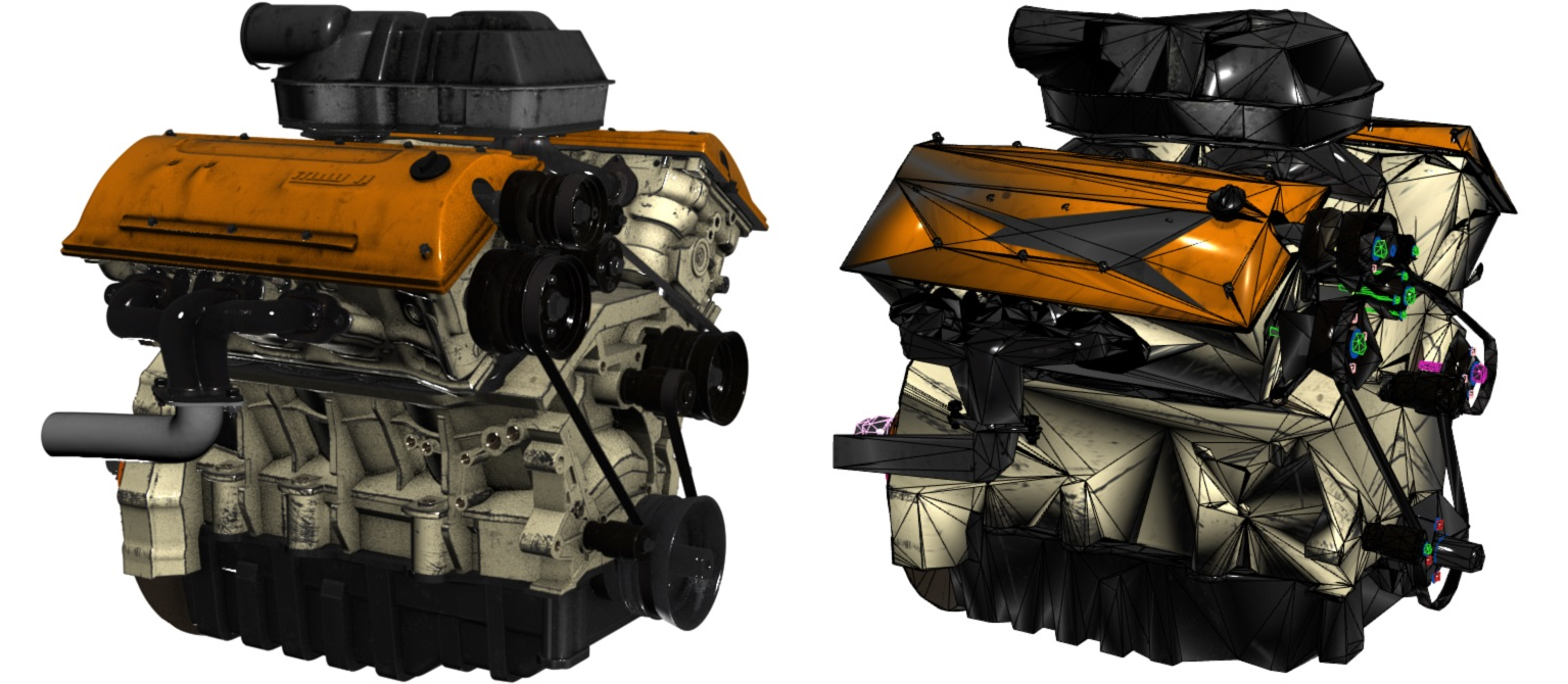 An illustration of two engine models at full detail and decimated.