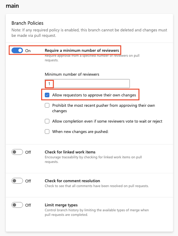 Screenshot of Azure DevOps that shows the branch policies page for the main branch.