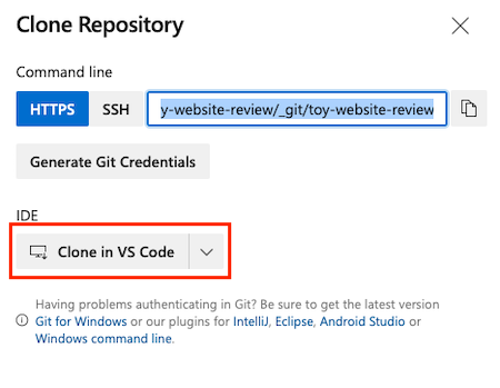 Screenshot of Azure DevOps that shows the repository settings, with the button for cloning in Visual Studio Code highlighted.