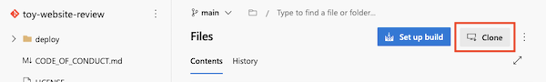 Screenshot of Azure DevOps that shows the repository, with the Clone button highlighted.