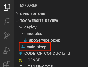 Screenshot of Visual Studio Code that shows the main dot bicep file in the deploy folder.