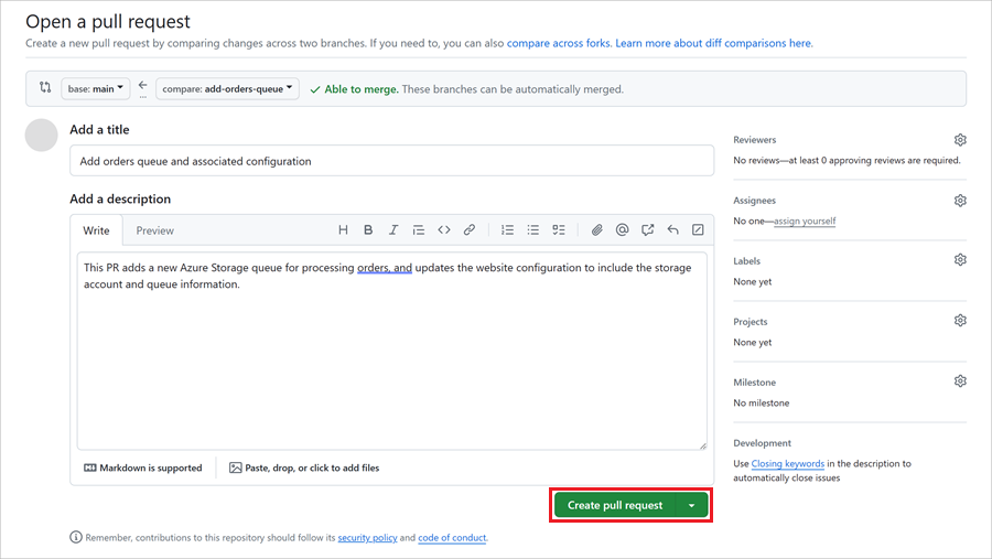 Screenshot of GitHub that shows the pull request creation page, with the button for creating a pull request highlighted.