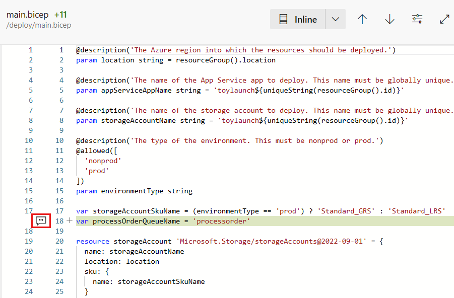 Screenshot of Azure DevOps that shows changes to the main dot bicep file. The mouse is hovering over line 18, and the button for adding a comment is highlighted.