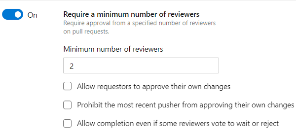 Screenshot of Azure DevOps branch policies. The minimum number of required reviewers is set to 2.