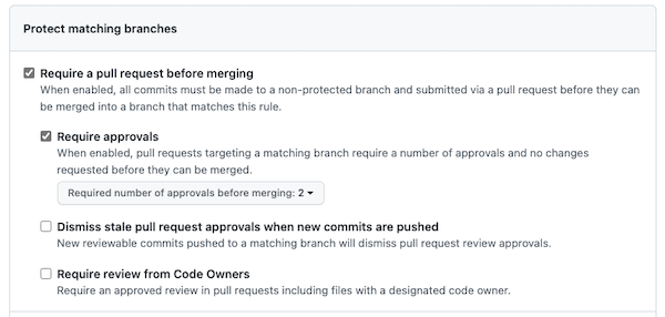 Screenshot of GitHub branch protection rules. The option for requiring approvals is enabled, and the number of approvals required before merging is 2.