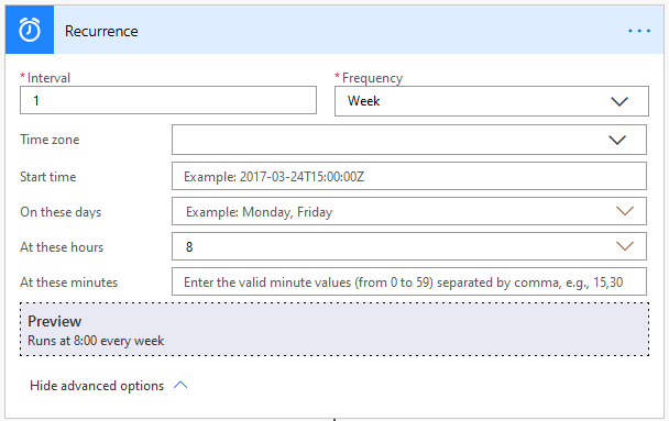 Recurrence dialog with Interval set to 1 and Frequency set to Week.