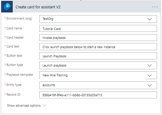 Select playbook template, table type, and target record.